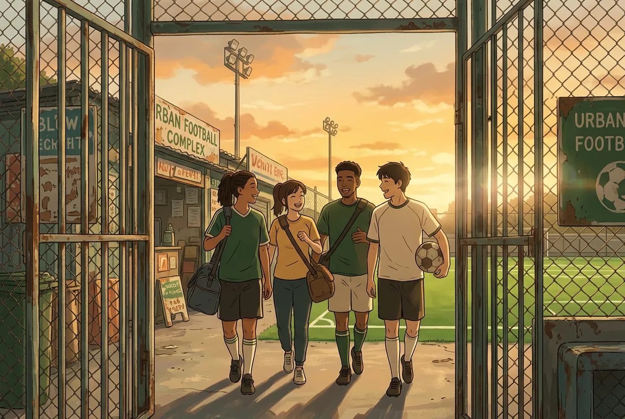 Arriving at the football complex with friends